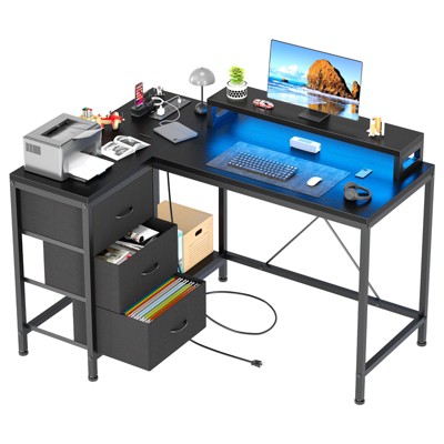 Reversible L Shaped Desk with Power Outlet and 3 Drawer, Computer Desk with Led Lights, Home Office Desk with Monitor Stand,Study Writing Gaming Desk