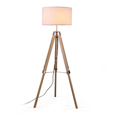 58'' Industrial Tripod Floor Lamp, Height Adjustable Natural Wood Standing Lamp with Linen Drum Shade for Living Room, Bedroom, Study Room