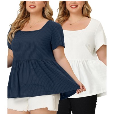 Agnes Orinda Women's Plus Size Peplum Babydoll Short Sleeve Ribbed Summer Packs Blouses