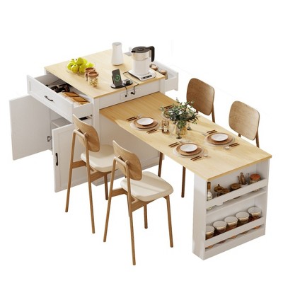 Kitchen Island with Extendable Dining Table, Two-tone Kitchen Table with Power Outlet,2 Drawers 2 Side Open Shelves
