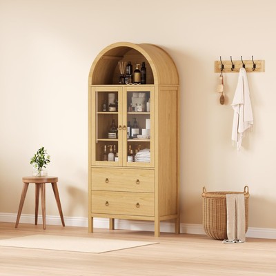 71" Tall Arched Kitchen Pantry Cabinet, Wooden Cupboard Storage Cabinet with Glass Doors & 2 Drawers, Freestanding Book Shelf with Adjustable Shelves