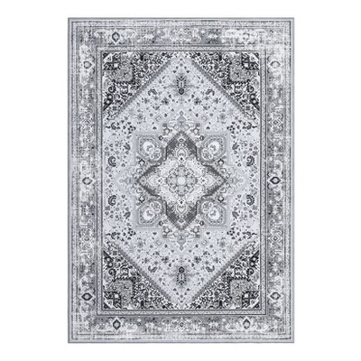 Washable Vintage Oriental Rug Non Slip Low Pile Rug Soft Throw Floor Cover Retro Medallion Indoor Carpet for Living Room Bedroom