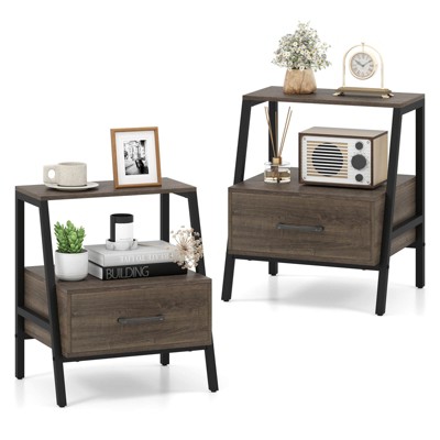 Costway 1/2 PCS Nightstand with Drawer Farmhouse 3-Tier Bedside Table with Open Shelf End Table