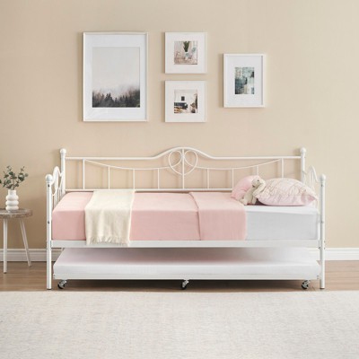 Twin Daybed with Trundle, Metal Bed Frame with Pull Out Sleeper, Steel Slat Support, No Box Spring Needed, Easy Assembly
