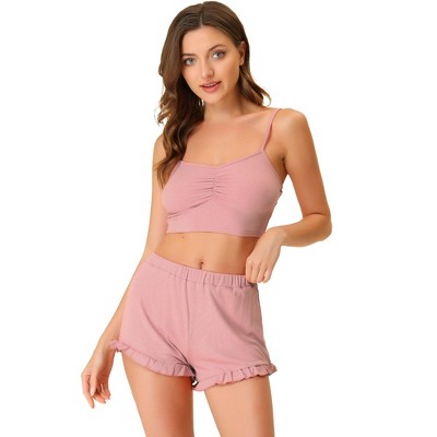 cheibear Women's Sleepwear Knit Pajamas Spaghetti Strap Runch Front Cami Lounge Pajama Set