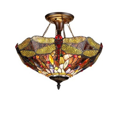 Homestock Dragan Tiffany-Style 2 Light Dragonfly Semi-Flush Ceiling Fixture 16" Shade