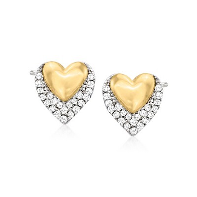 Pure Collection by Ross-Simons 0.10 ct. t.w. Diamond Double-Heart Stud Earrings in Sterling Silver and 14kt Yellow Gold
