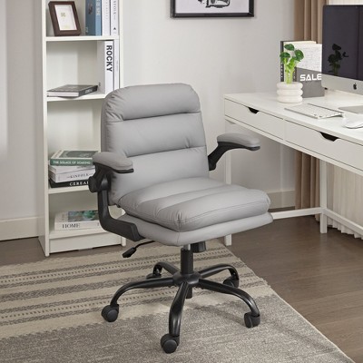 VECELO High Back Desk Chair PU Office Chair Upholstered Padding Swivel Computer Task Chair With Flip-Up Arms and Adjustable Height White/Gray
