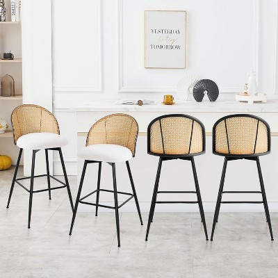 Bekrvio 26" Mid Century Modern Swivel Bar Stools Set of 2/3/4— w/Rattan Back,Boucle Fabric Upholstered & Metal Legs, Bar Chairs for Kitchen Counter
