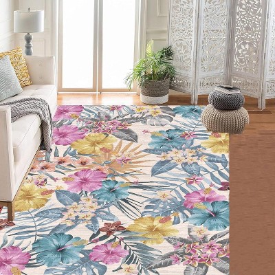 Floral Washable Bugs Boho Flower Area Rug Non Slip Thin Living Room Botanical Colorful Floor Carpet Runner for Kitchen Hallway