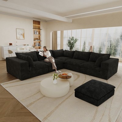 118.2" Corduroy Cloud Feather-filled L-Shaped Sectional Sofa with Deep Seat, Double-Layer Design, Removable Cushions, No Assembly, and DIY Combination