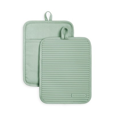 KITCHENAID Ribbed Soft Silicone Pot Holder 2-Pack Set, Pistachio Green, 7"x9"