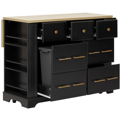 Whisen Kitchen Island with 6 Drawers, Pull - Out Trash, 5 Rolling Wheels, Drop Leaf & Racks