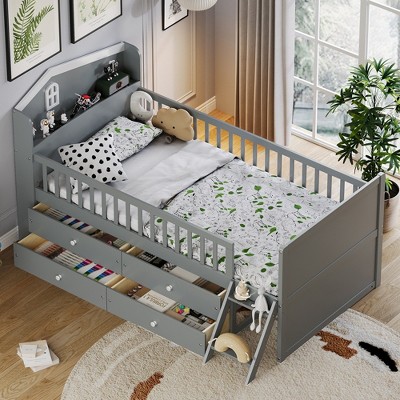 KIGFTSOD Twin Bed Frame with Storage 4 Drawers,Platform Twin Size Bed with Guardrail Headboard and Ladder