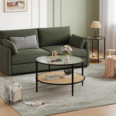 Round Coffee Table, 2-Tier Tea Table with Rattan Storage Shelf and Metal Frame