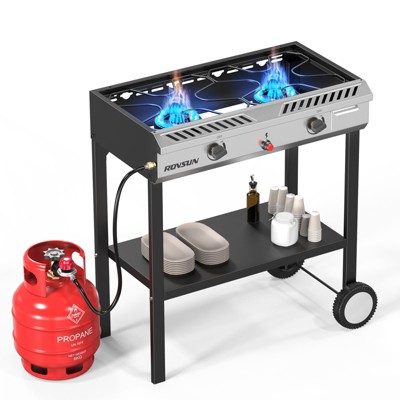 ROVSUN 2 Burner Outdoor Propane Gas Stove with Ignition, Regulator & Shelf, 150,000 BTU Powerful Cooker for Backyard Patio Home Cooking Frying Canning