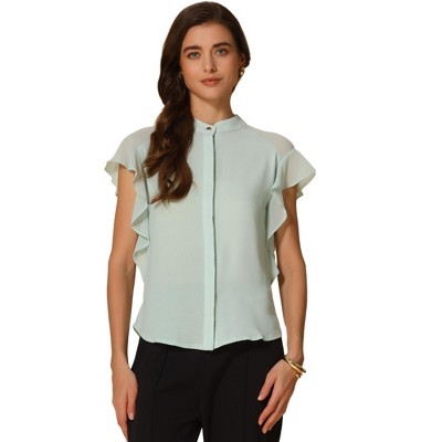 INSPIRE CHIC Women's Work Stand Collar Ruffle Short Sleeve Button Down Shirts
