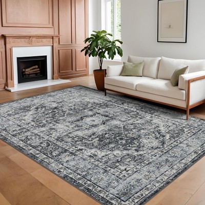 Washable Area Rugs, Floral Vintage Distressed Print Pattern Medallion Carpet, Rugs for Living Room Bedroom