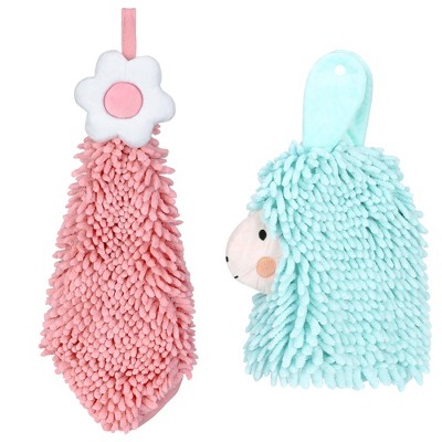 REGALWOVEN Soft Absorbent Flower Pattern and Sheep Pattern Chenille Hand Towel with Loop 6" x 15"/7" x 11" 2 Pcs