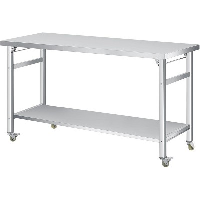Stainless Steel Folding Table - 920LB Capacity, Adjustable Shelf & Locking Casters, Commercial Worktable for Kitchen/Restaurant