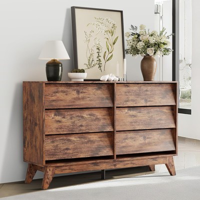 6 Drawer Dresser, 57" Wide Vintage Chest of Drawers with Bevel Design, Modern Dresser TV Stand for Bedroom, Living Room, Entryway and Closet