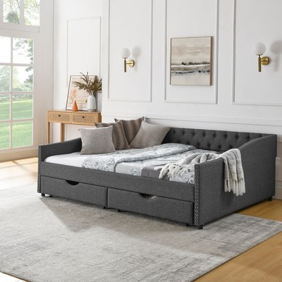 Sapphtopaz Upholstered Daybed with Drawers Bed Frame Waved Shape Arms Sofa Bed Bedroom Furniture, Easy Assembly, No Box Spring Needed