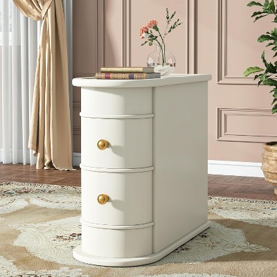 10.81" Off-White Narrow Solid Oak End Table, Fully Assembled 2-Drawer Slim Nightstand, Vintage Side Table for Small Spaces, Living Room, Bedroom