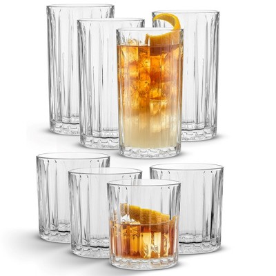 JoyJolt Alina 8 Piece Ribbed Glass Drinkware Set - 12oz Rocks Glasses and 14oz Highball Glasses. Cocktail Glasses,