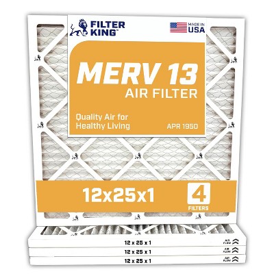 Filter King 12x25x1 Air Filter | 4-PACK | MERV 13 HVAC Pleated A/C Furnace Filters | MADE IN USA | Actual Size: 11.5 x 24.5 x .75"