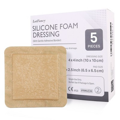 LotFancy Silicone Foam Dressing, 4x4 in, 5 Count, Adhesive Wound Dressing, Bed Sores, Wound Bandage