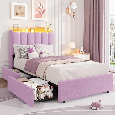 Full Size Bed Frame with Chic Wavy Headboard, Kids Bed Frame with 2 Drawers, Boucle Upholstered Platform Bed for Girls
