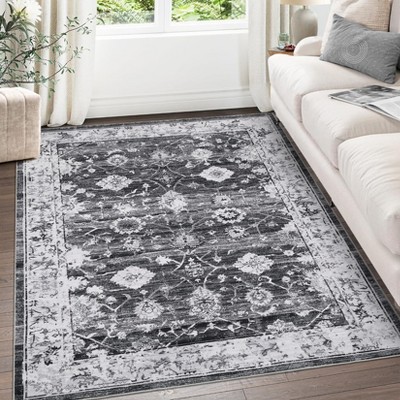Washable Vintage Floral Area Rug, Modern Distressed Non-Slip Carpet for Living Room and Bedroom