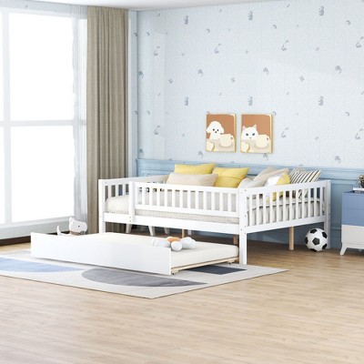 NicBex Twin/Full Size Daybed Wood Bed Frame with Trundle and Fence Guardrails for Bedroom,Living Room,Apartment