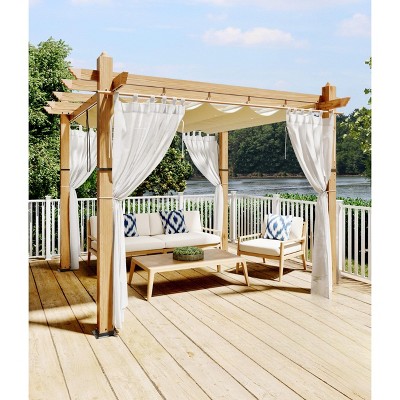 TROPOW  Outdoor Aluminum Pergola, Heavy-Duty Woodgrain Patio Pergola with Retractable Canopy Sun Shade & Side Mesh Curtain, Metal Gazebo