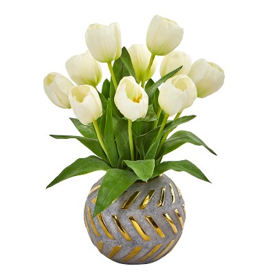 Nearly Natural Tulip Artificial Arrangement in Decorative Vase, White