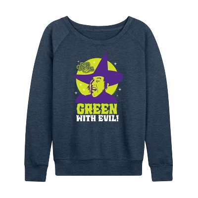 Women's - Wizard of Oz - Witch Green with Evil Lightweight French Terry Wide Neck Long Sleeve Graphic Shirt