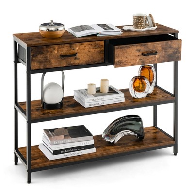 Costway Console Entryway Table Sofa Side Table with Folding Fabric Drawers for Living Room Gray/Rustic Brown