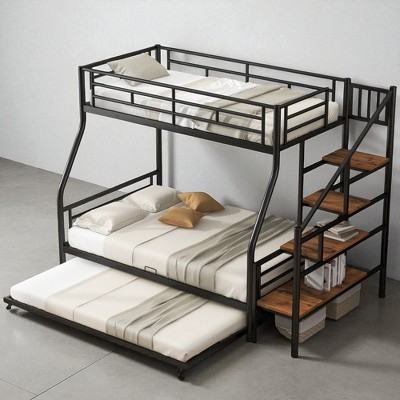 Twin Over Full Metal Bunk Bed with Trundle and Storage Staircase, Convertible Ladder, Silver Frame for Kids and Teens
