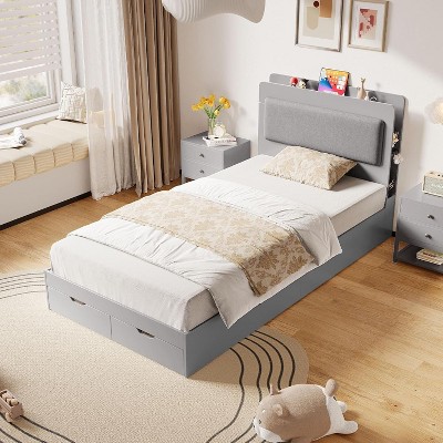 Twin Bed Frame with Storage Headboard & Drawers, LED Light, Noise-Free Wooden Platform Bed for Kids, Heavy-Duty Design in Light Grey.