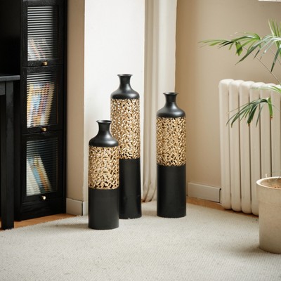 Set of 3 Floor Glazed Metal Decorative Glazed Vase with 3D Pattern for Home Office, 20.8in/24.8in/28.7in Height