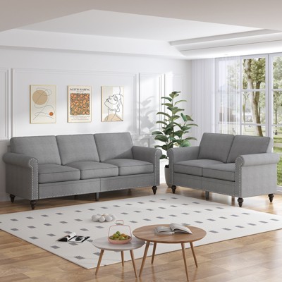 Mjkone 2 Piece Living Room Sofa Set with Rivet Design,Linen Fabric W76''3-Seater Sofa Couch with W53''Loveseat Sofa