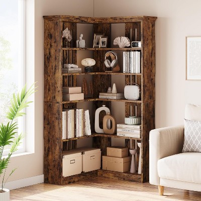 72" L-Shaped 5-Tier Corner Bookshelf, Wood Bookcase with Anti-Tip Safety for Living Room & Office