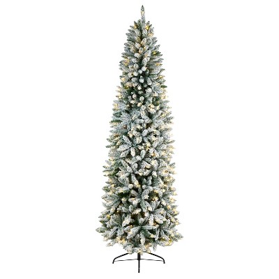 8ft. Slim Flocked Fir Artificial Christmas Tree with 400 Warm White LED Lights & 1348 Branches – Elegant Holiday X-Mas Glow