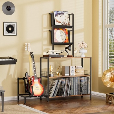 MOEPISY Vinyl Record Player Stand With Guitar Stand, Record Player Cabinet With Vinyl Storage Holds Up To 300+ Albums Brown