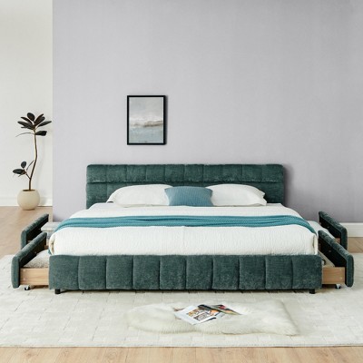 King Size Chenille Grounded Beds Frame with 4 Storage Drawers, Upholstered Floor Bed with Headboard and Solid Frame, No Box Spring Needed