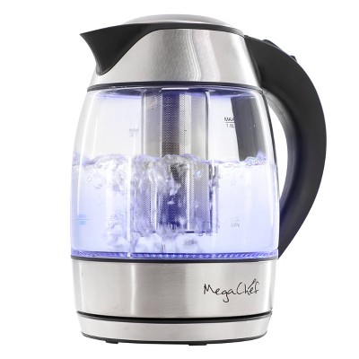 MegaChef 1.8L Glass Body and Stainless Steel Electric Tea Kettle with Tea Infuser Clear/Silver: 1000W, Overheat Protection, 360° Base