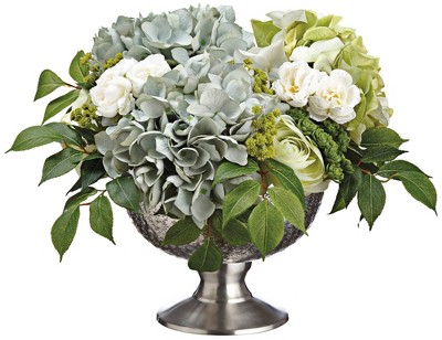 Hydrangeas, Ranunculus, Sedum 17" Wide Faux Flowers in Pot