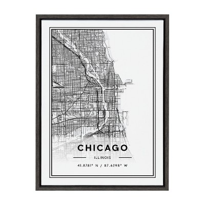 18" x 24" Sylvie Chicago Modern Map Framed Wall Canvas by Jake Goossen Gray - Kate & Laurel All Things Decor: Digital Art
