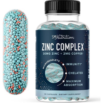 Zinc Complex Beadlets, Highly Absorbable Zinc Bisglycinate & Orotate with Chelated Copper + Vitamin B6 for Immune & Acne Support, SMNutrition, 60ct