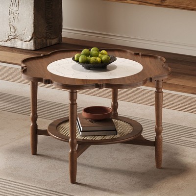 PAGED Petal Shaped Wooden Coffee Table, Modern Side Table with Rattan Shelf and Unique Tabletop, 31.5" Bedside Table for Living Room, Bedroom